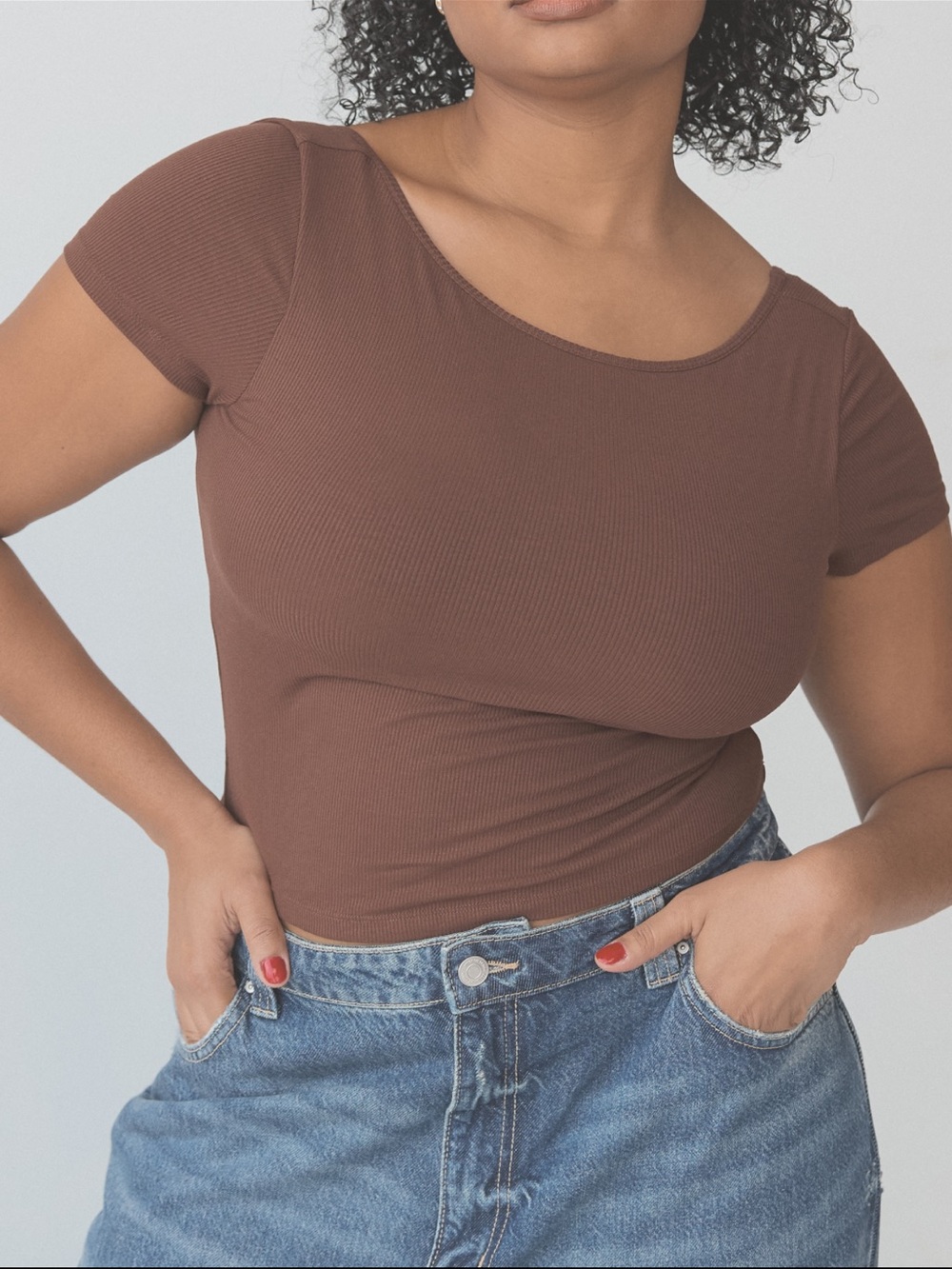 NWT Klassy Network Brown Ribbed Scoopneck Low Back Short Sleeve Top